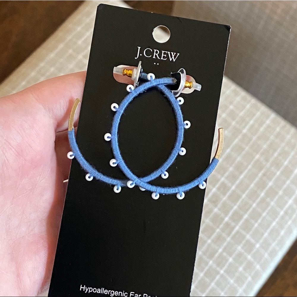NEW J.Crew Blue & White Beaded Hoop Earrings